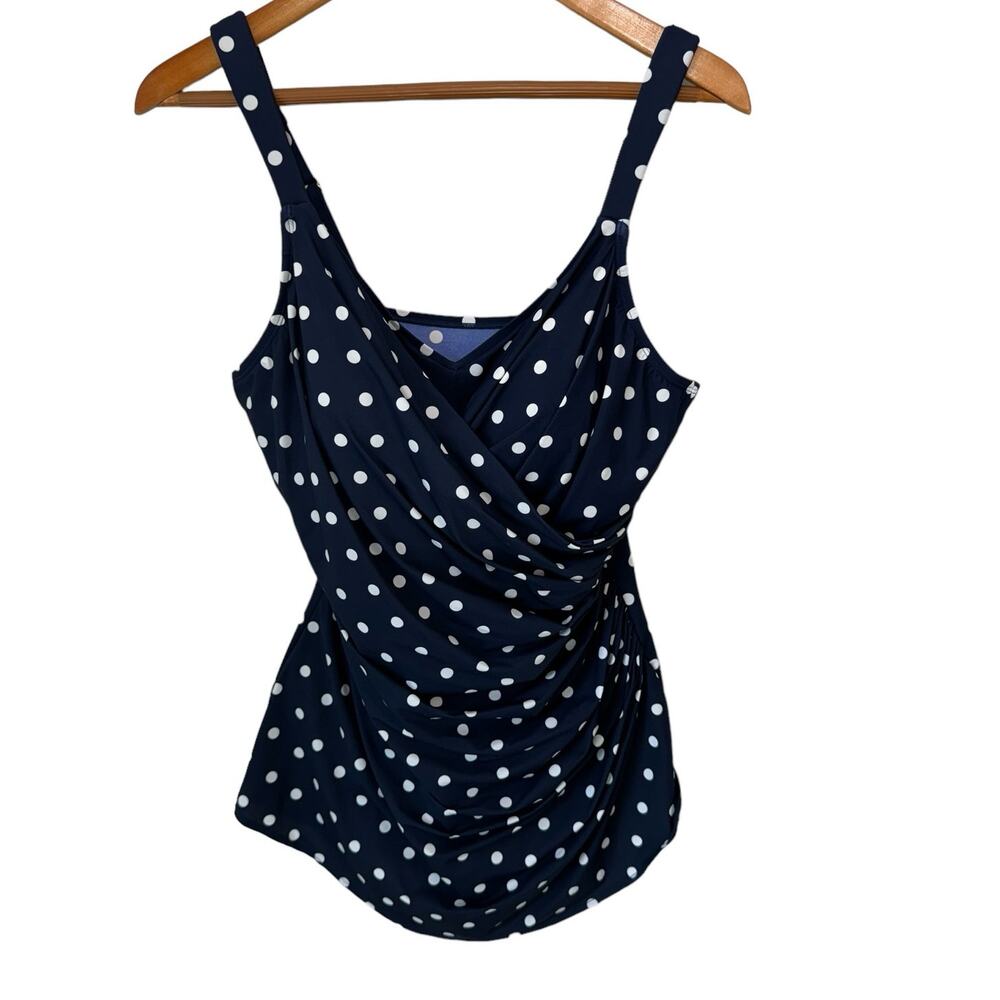LANDS' END One-Piece Swimsuit Size 16L Navy Polka Dot Slimming Modest Feminine